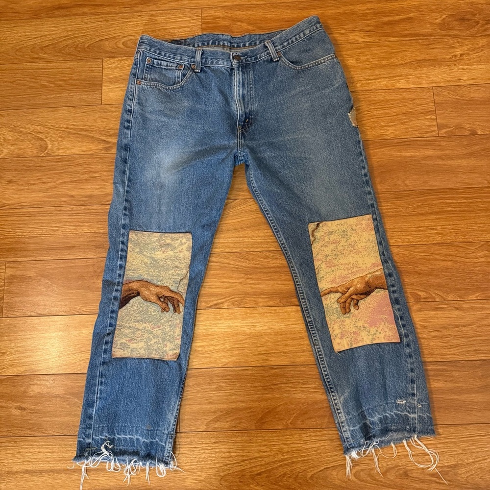 ✨ Levi’s 501 Custom Art Patch Jeans – Michelangelo Hands Mens